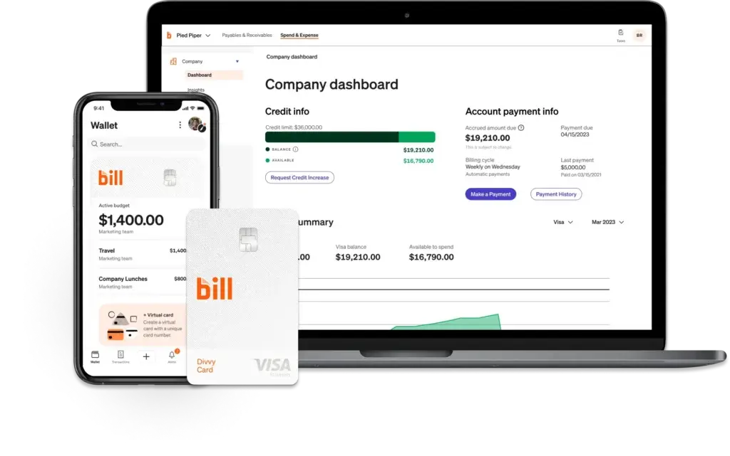 Bill.com Spend and Expense dashboard with corporate card controls