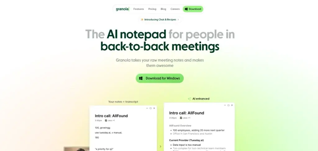 Granola AI homepage showing bot-free meeting note-taking features