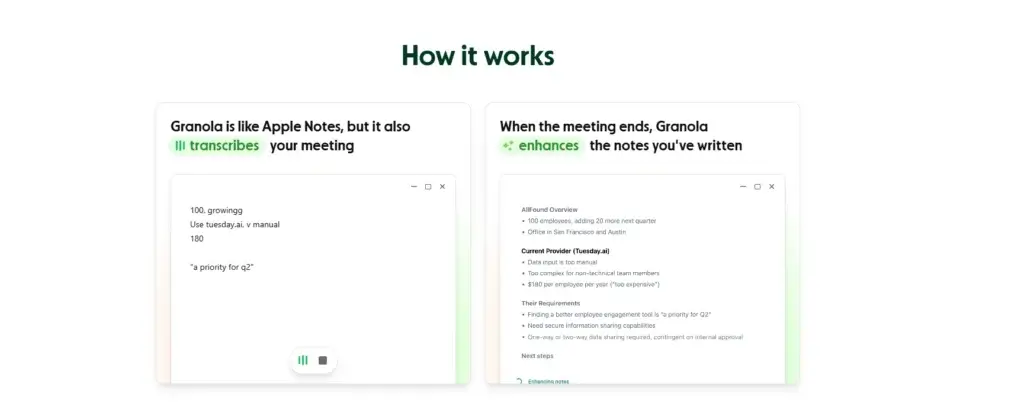Granola AI interface showing real-time transcription and enhanced notes