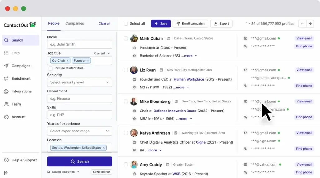 ContactOut search portal showing advanced filters and verified contact results