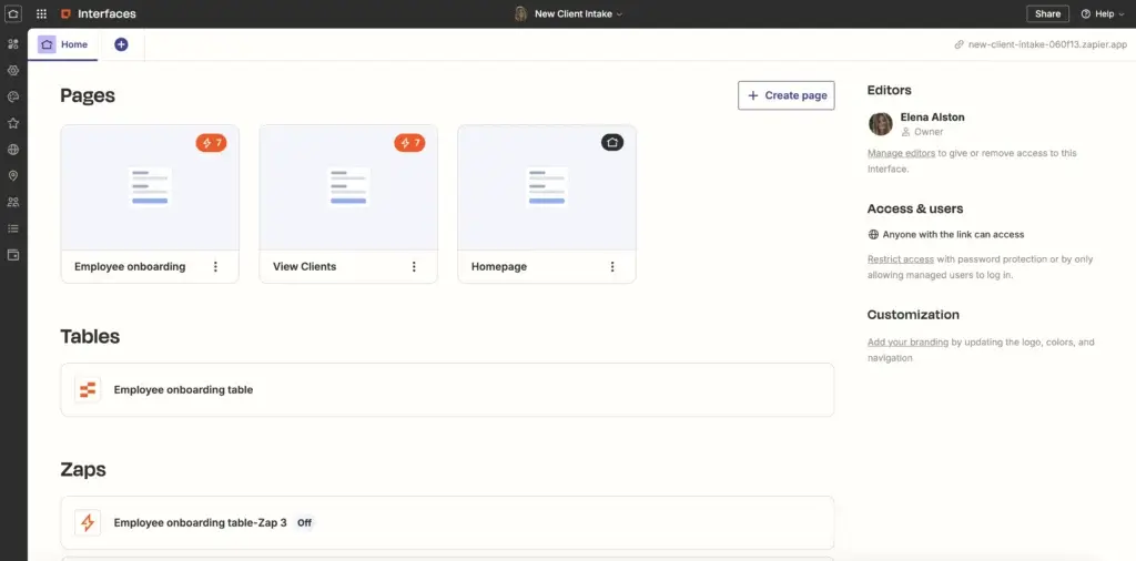 Zapier Forms dashboard for managing pages and workflow data