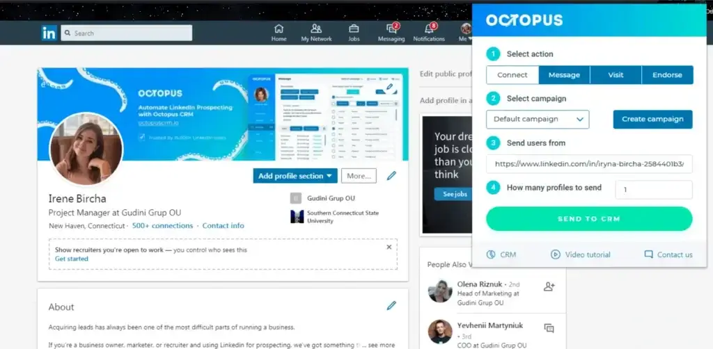 Octopus CRM Chrome extension pop-up inside LinkedIn profile page
