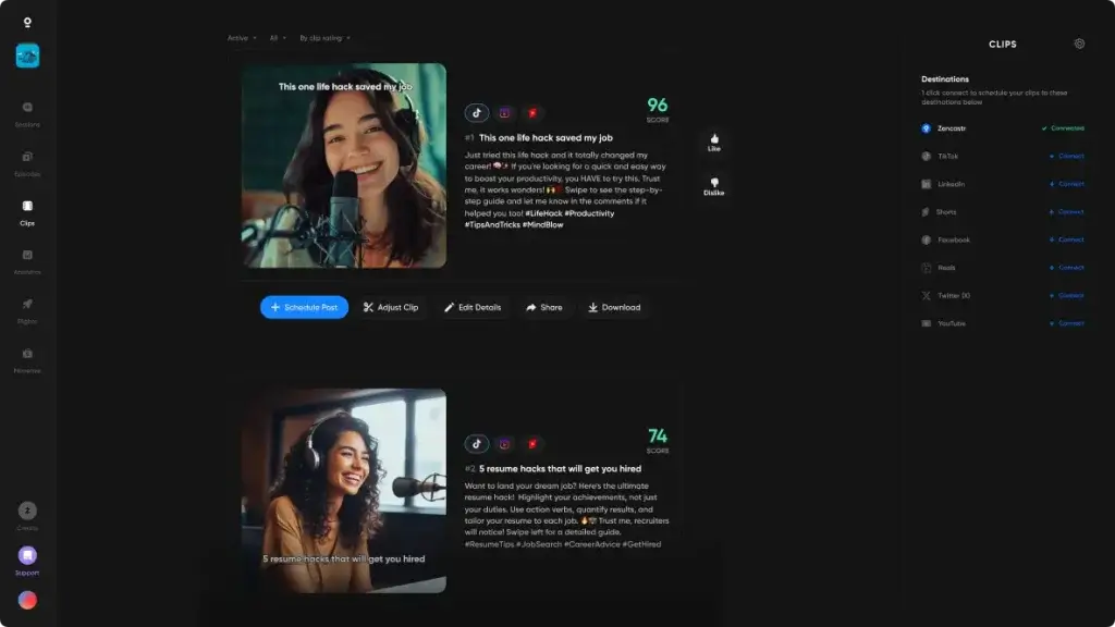 Zencastr AI clipping tool for social media podcast videos