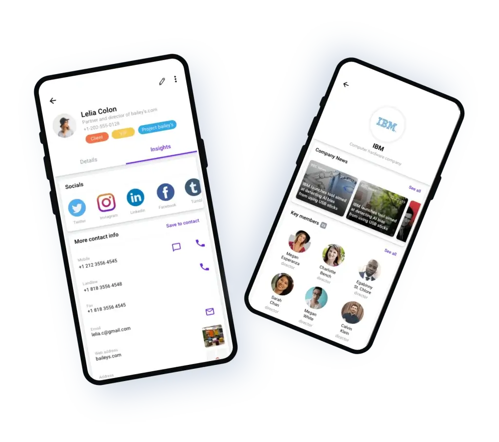 Leader CRM contact profile with call details, notes, and social links