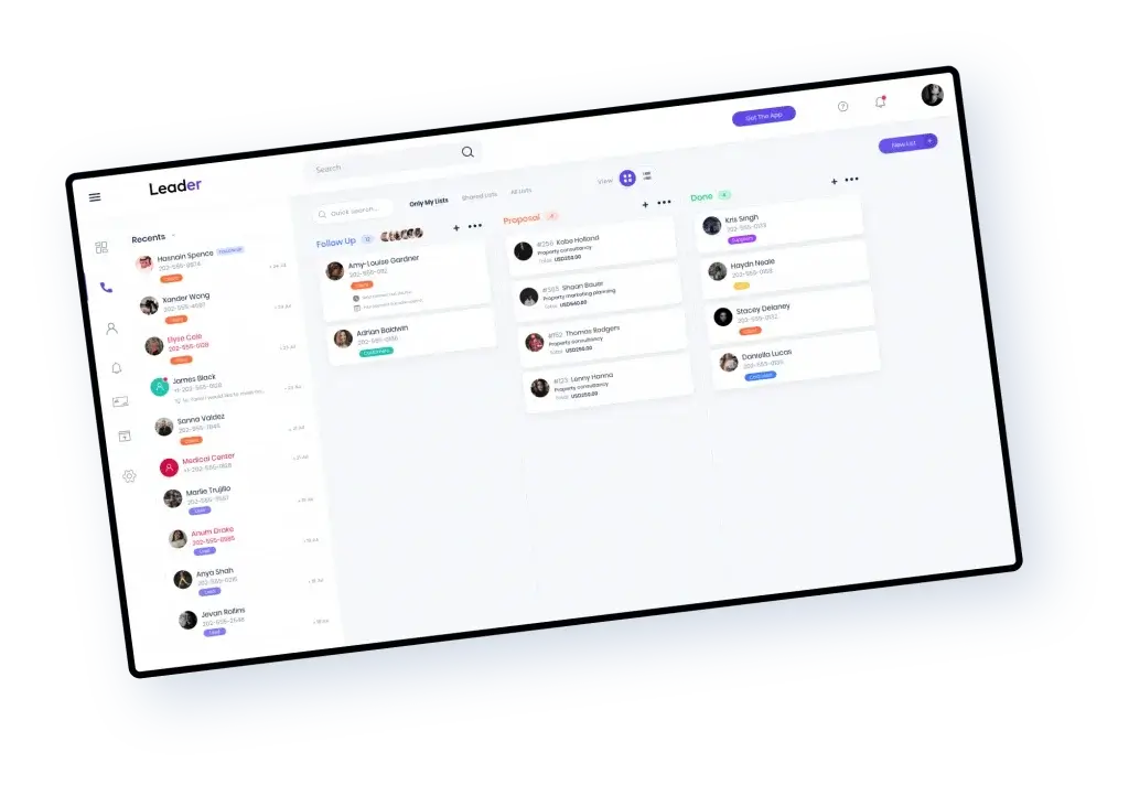 Leader CRM analytics dashboard with lead activity, tags, and proposal tracking
