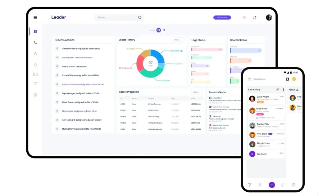 Leader CRM visual sales pipeline with follow-ups, proposals, and deal stages