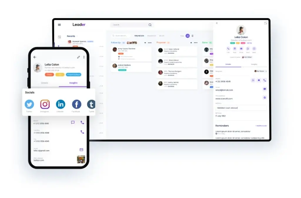 Leader CRM dashboard showing leads, tasks, pipeline status, and mobile app