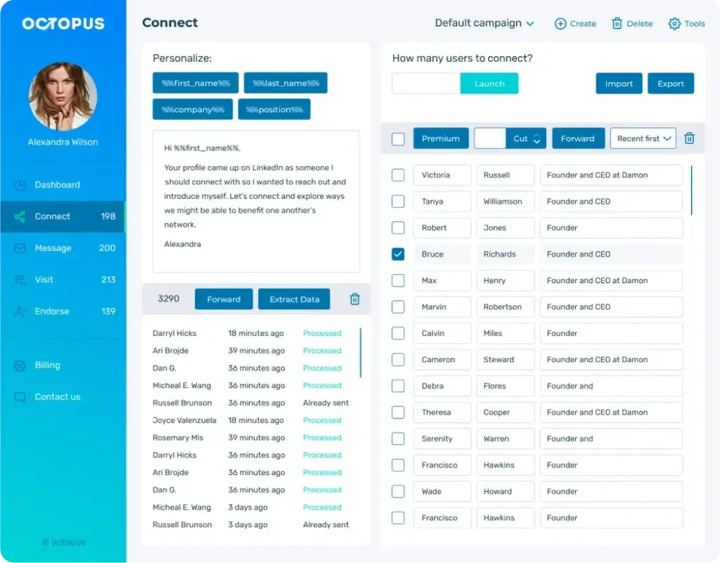 Octopus CRM LinkedIn outreach interface with personalized connection messages