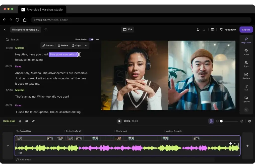 Riverside podcast editor with transcript-based video editing