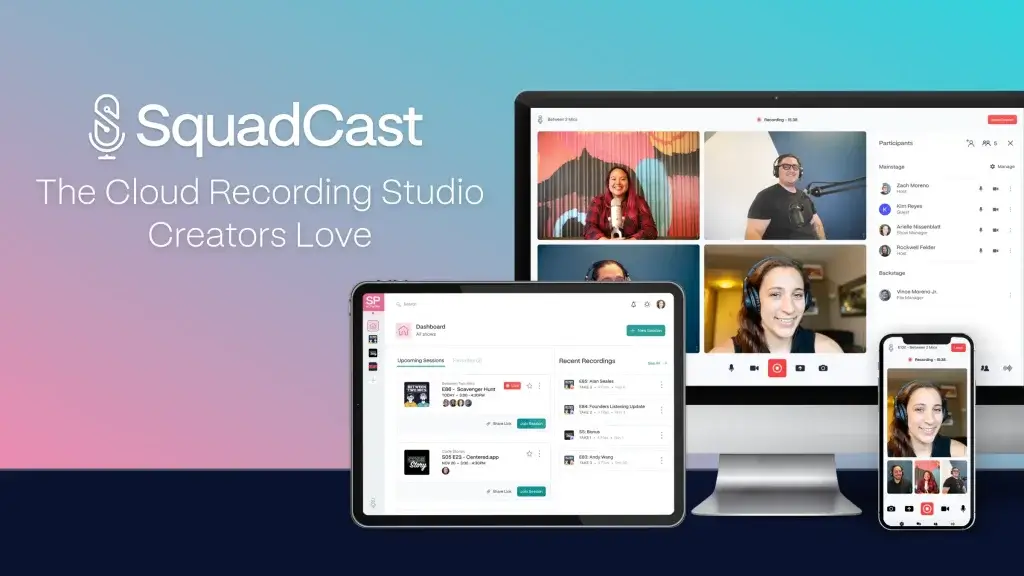 SquadCast cloud recording studio dashboard for podcast recording on desktop and mobile