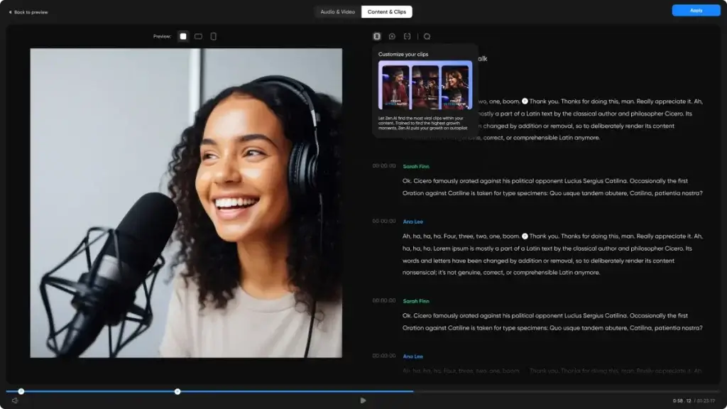 Zencastr AI podcast editing with text-based transcript editor