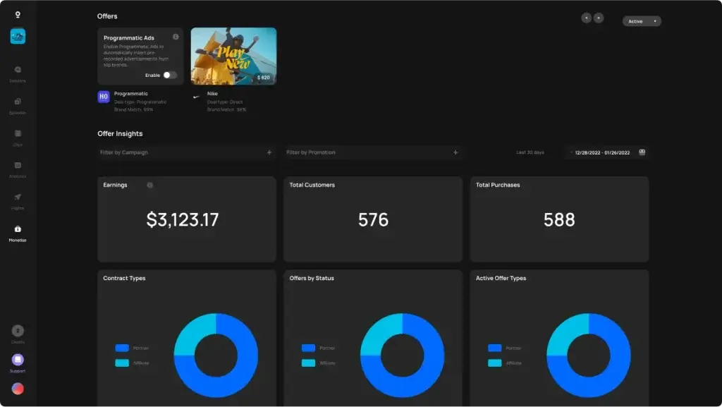 Zencastr podcast monetization dashboard with earnings analytics