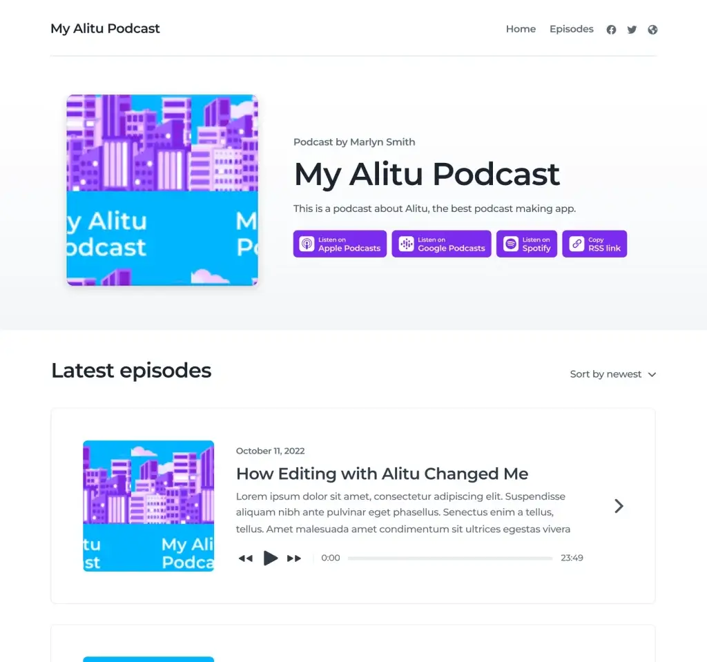 Alitu podcast website with Apple Podcasts and Spotify links