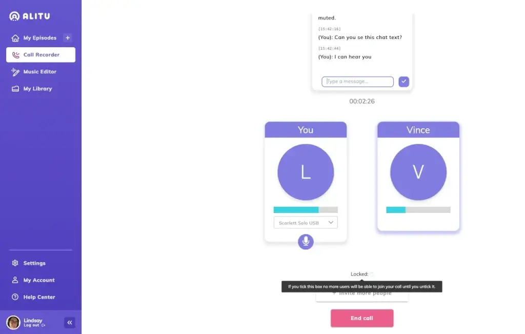 Alitu call recorder interface for remote podcast interviews