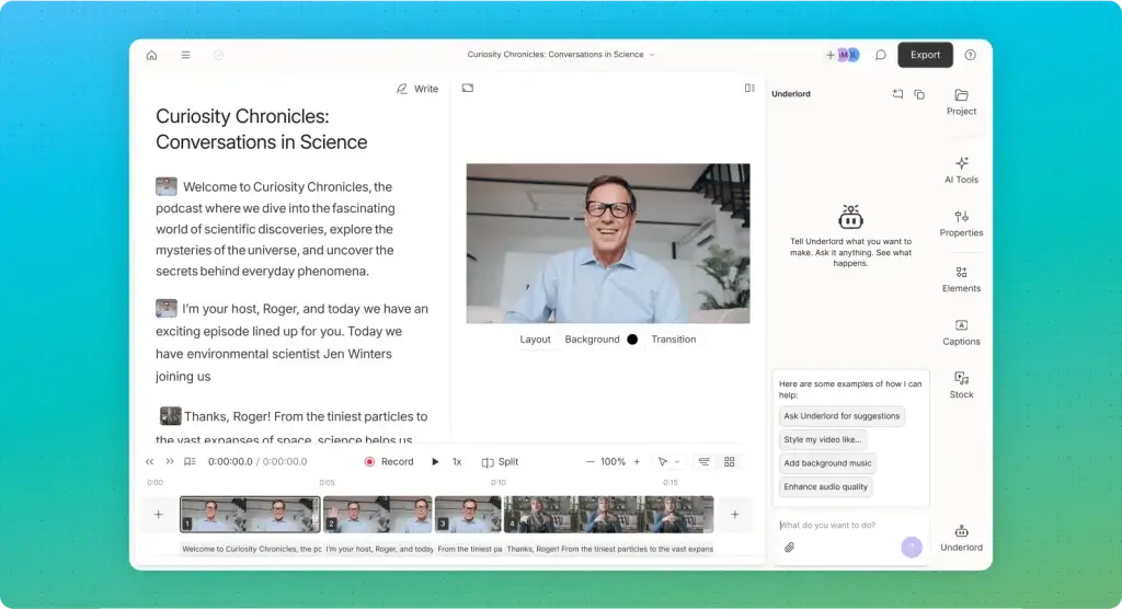 Descript text based audio and video editing interface
