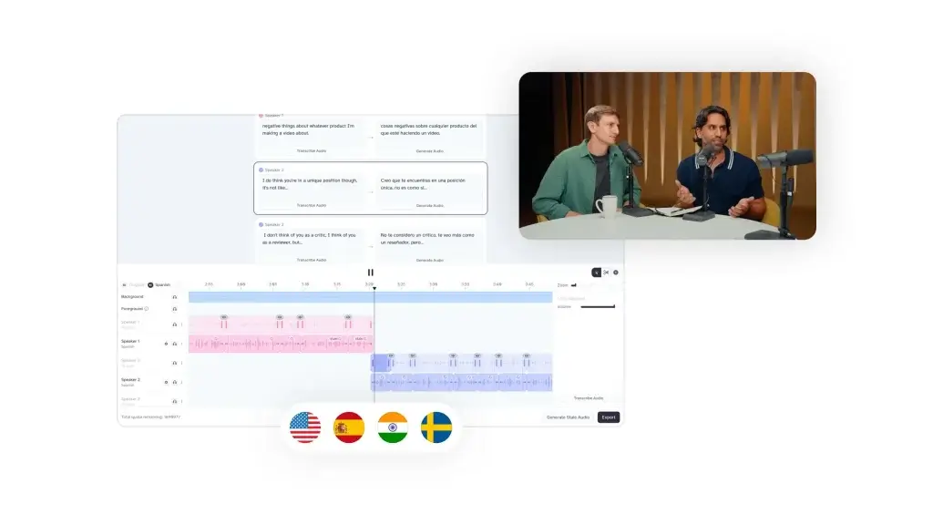 ElevenLabs dubbing studio supporting multiple languages and speakers