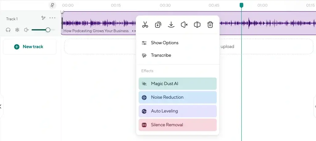 AI audio cleanup tools in Podcastle including Magic Dust and noise reduction