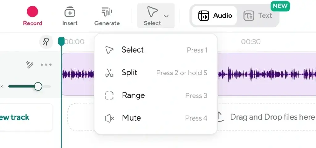 Podcastle audio editing tools for splitting, muting, and selecting clips