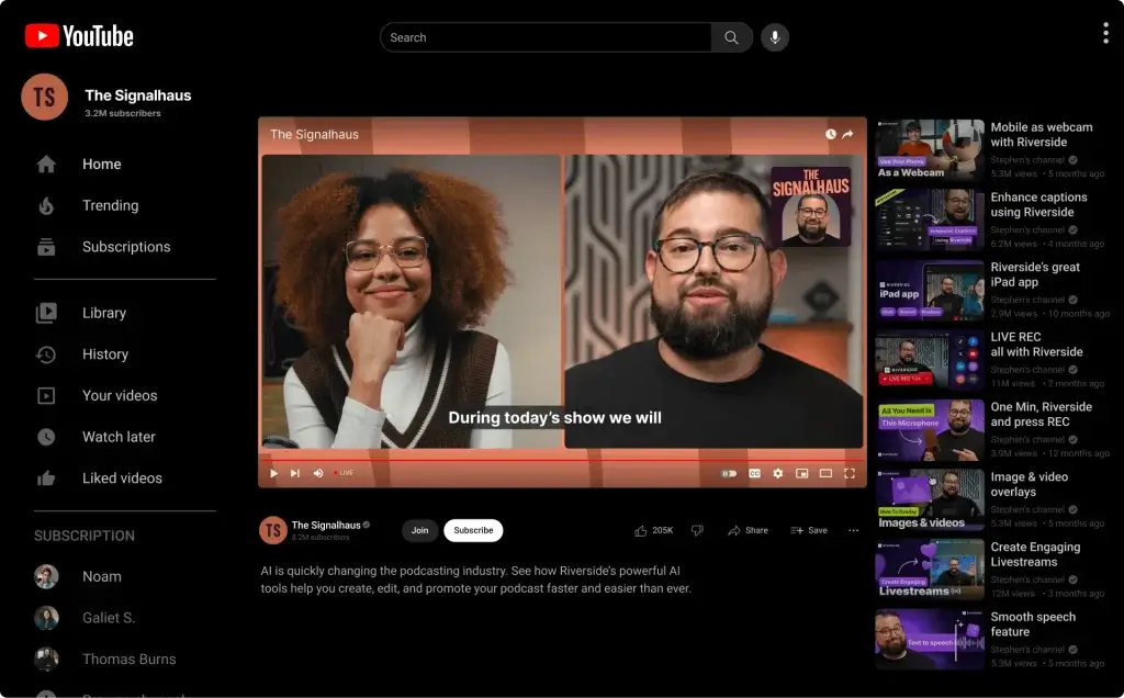 Live streaming and webinar studio interface in Riverside