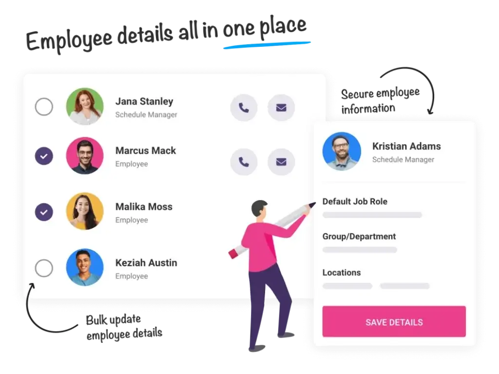 Employee management screen in Shiftie showing staff profiles and role details