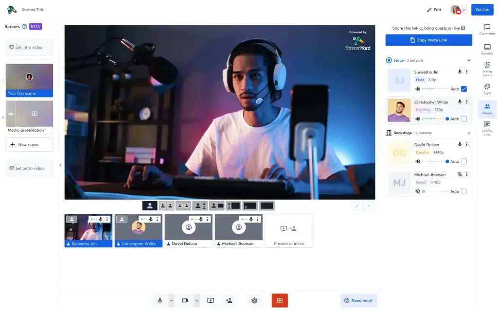 StreamYard live streaming studio with host and remote guests