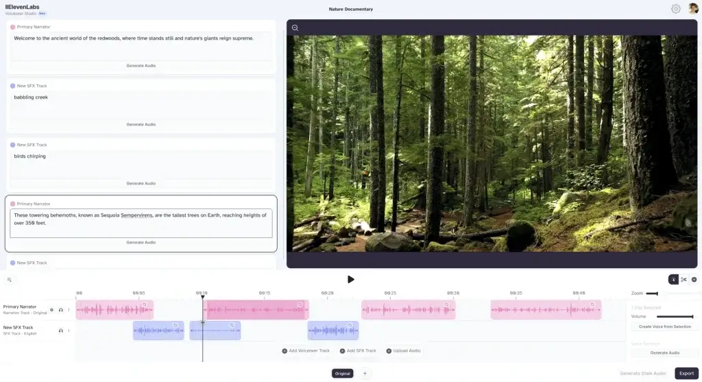 ElevenLabs voiceover studio with narration and sound effects timeline