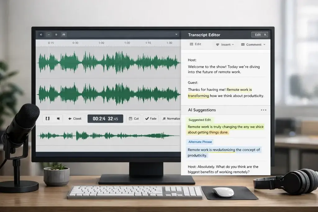 Podcast audio editing and transcript editor on a desktop screen