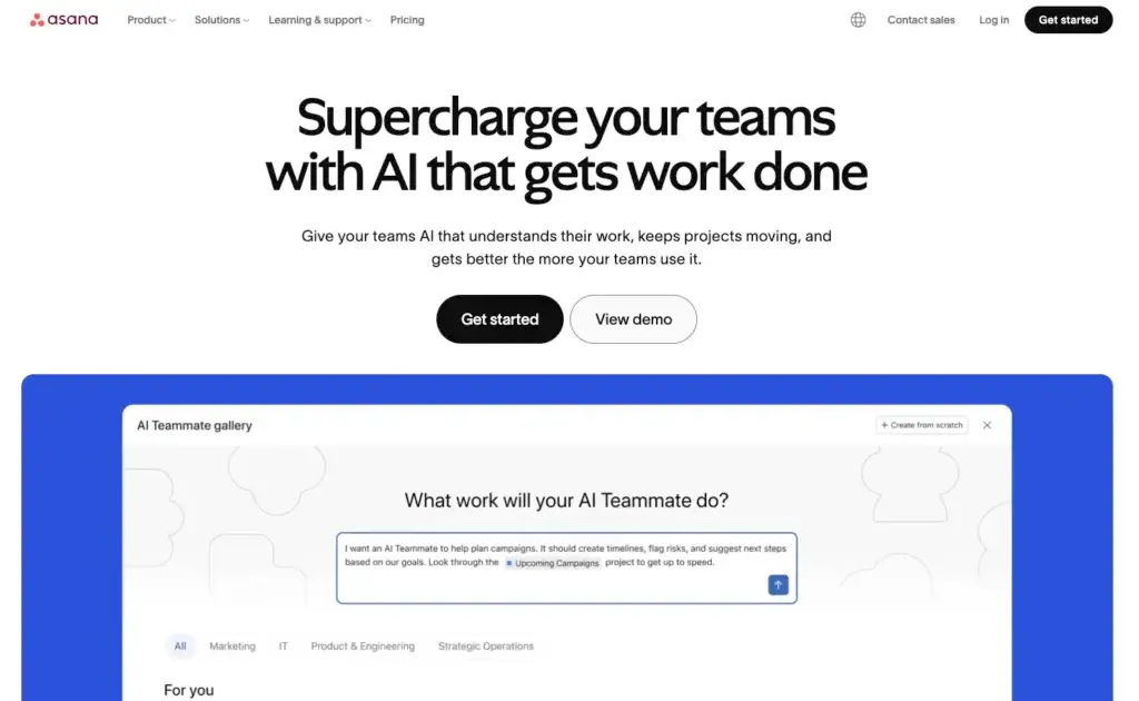 Asana AI homepage showing AI teammate features for planning and team execution.