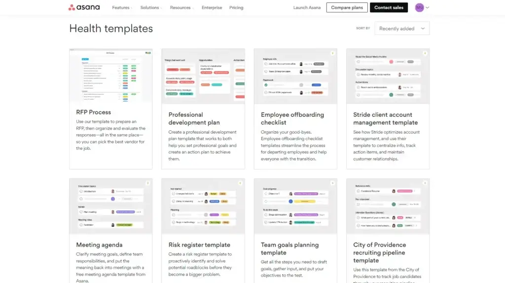 Asana's healthcare project templates.