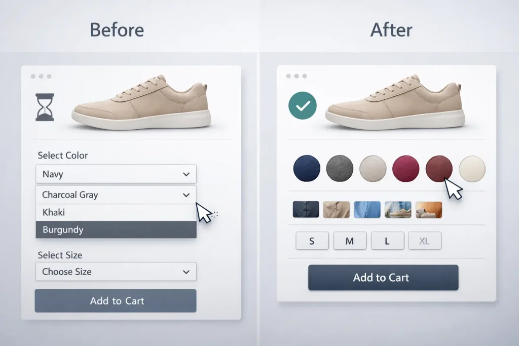 Before vs after product page showing dropdown menus replaced with visual swatches for faster selection