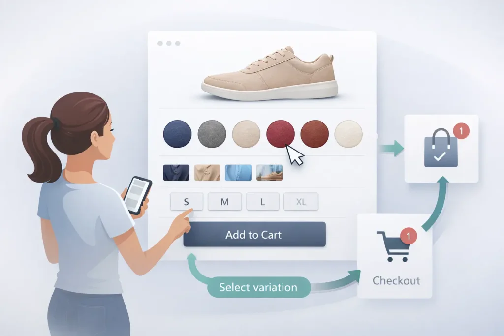 Shopper selecting a product swatch with a clear flow from variation choice to add to cart and checkout