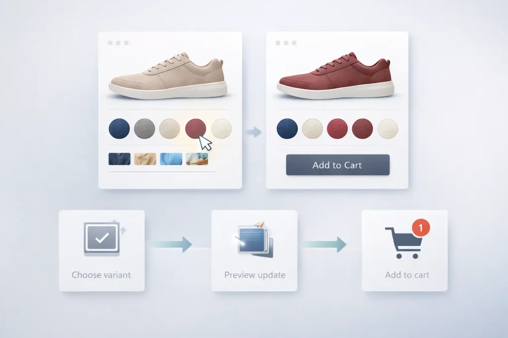 Product page showing a swatch click updating the preview and leading to add to cart with fewer steps