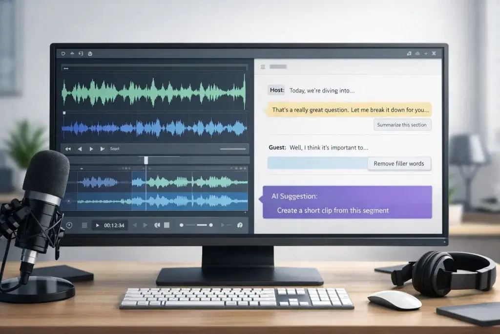 AI podcast editing interface with waveform and transcript-based editing. Prompts for podcast