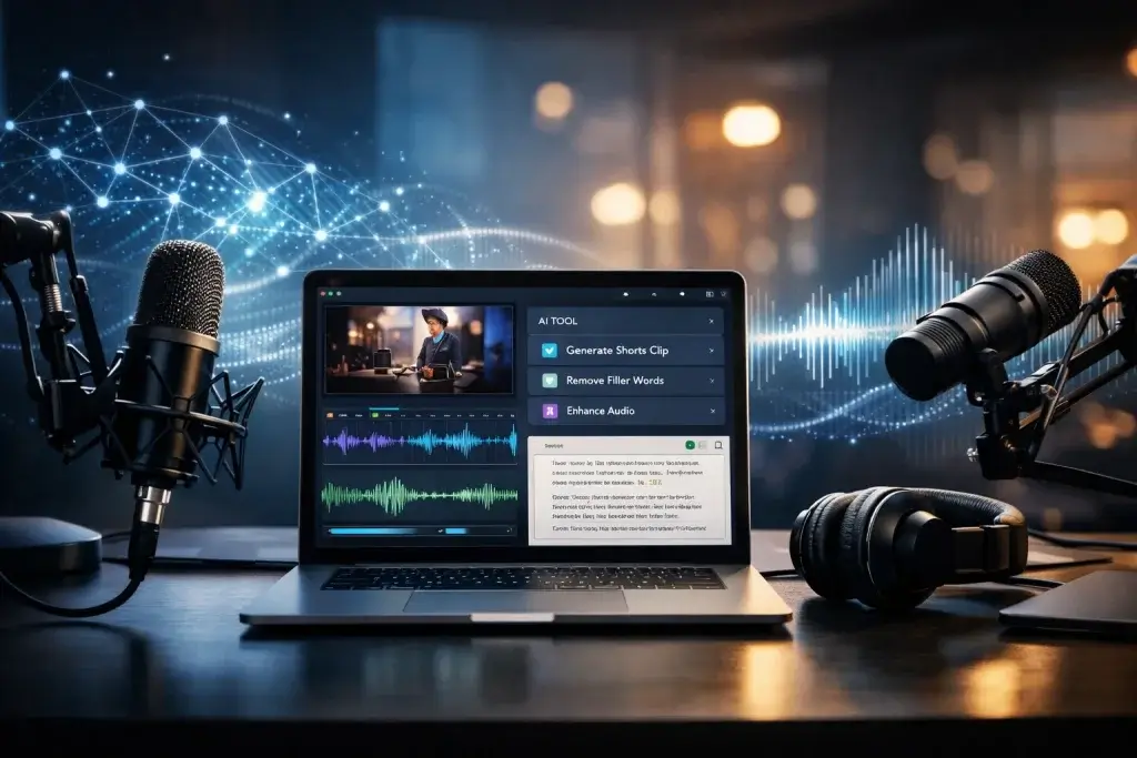 Podcast recording setup with microphones, audio interface, and laptop