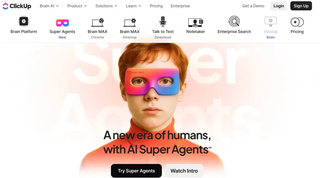 ClickUp AI Agents homepage showing AI Super Agents and Brain AI navigation.