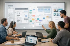 Collaborative product team creating interactive prototypes and user flows on a shared digital canvas