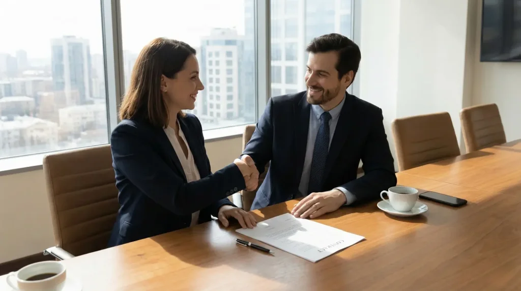 Business partners shaking hands after agreeing on contract terms