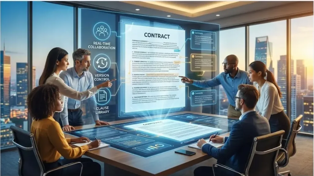 Team reviewing contract clauses using a digital contract management system