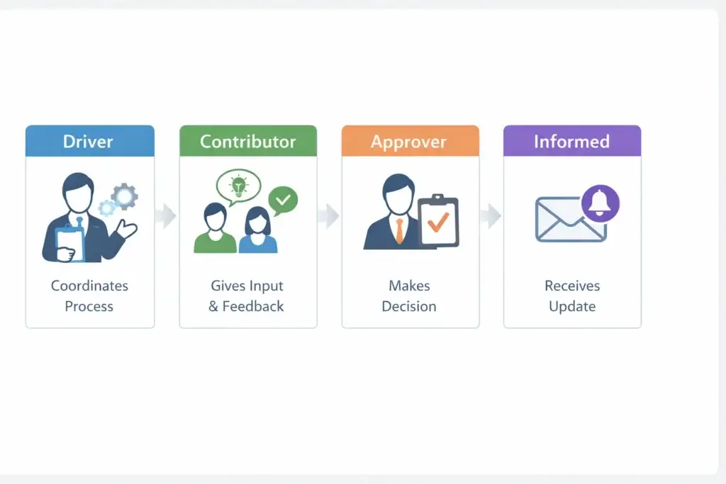 DACI decision flow diagram showing Driver, Contributor, Approver, and Informed roles