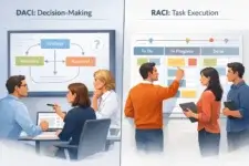 Project manager standing between decision workflow and task management boards in a modern office DACI vs RACI