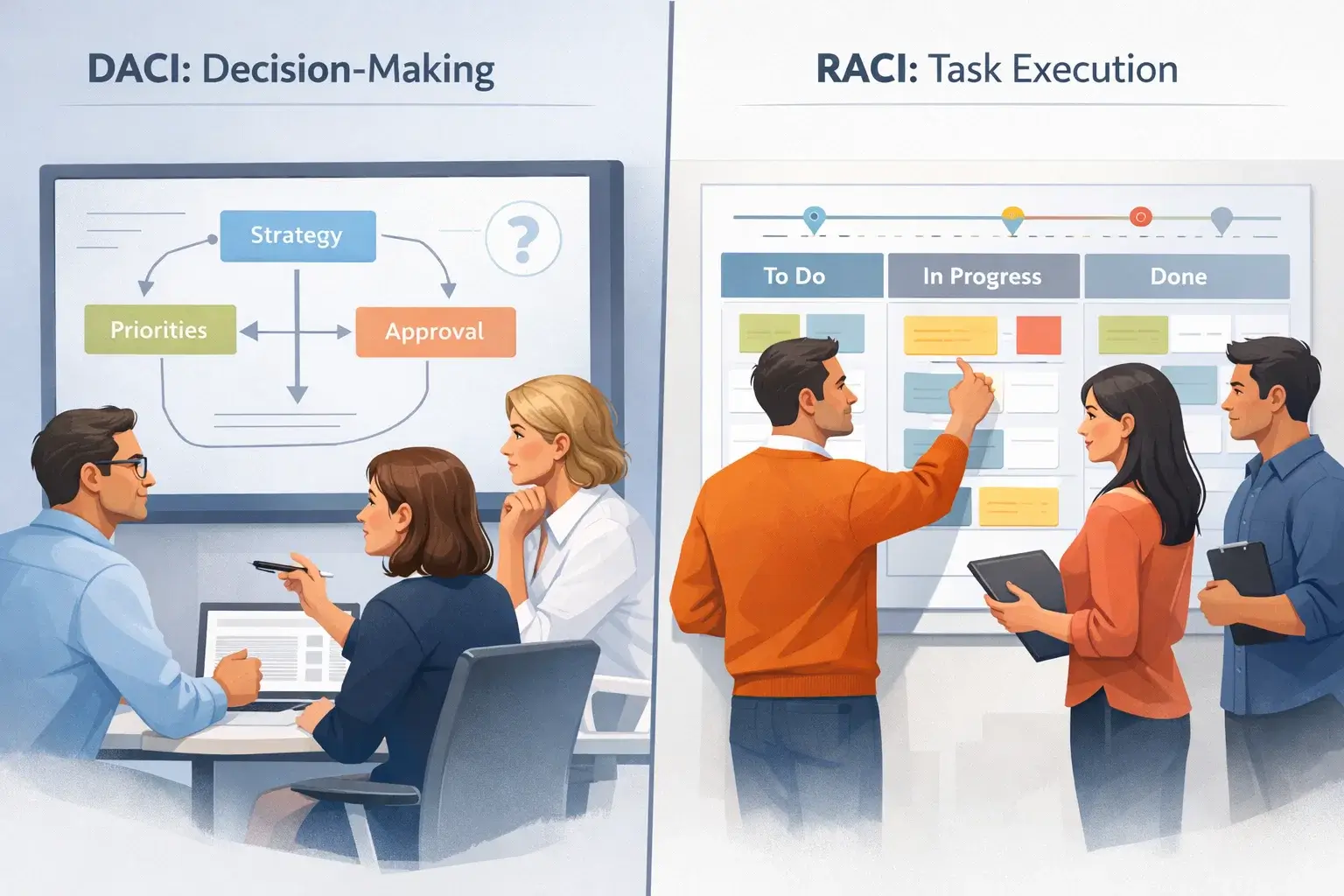 Project manager standing between decision workflow and task management boards in a modern office DACI vs RACI