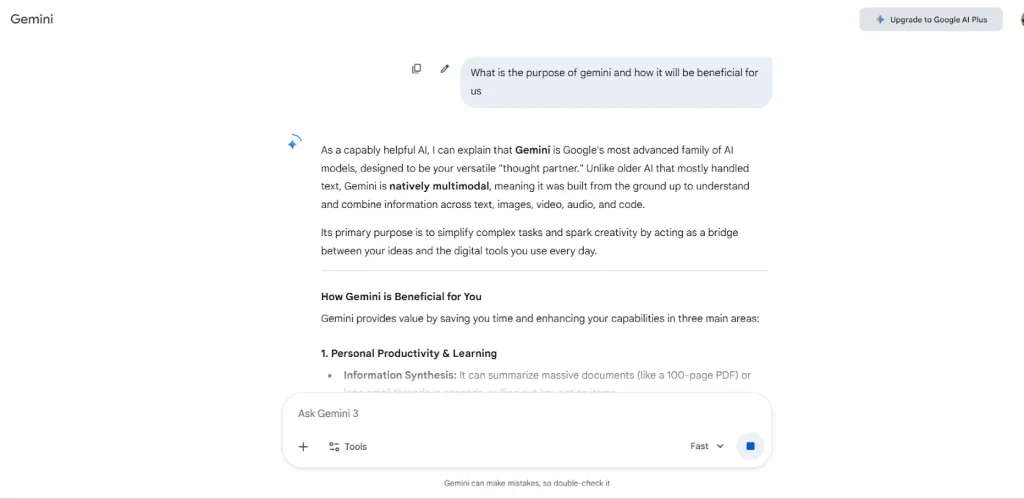 Google Gemini answering a question about AI productivity benefits