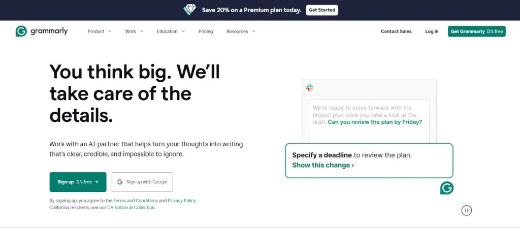 Grammarly homepage promoting AI writing help and editing suggestions