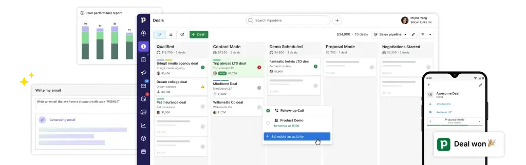 Pipedrive CRM dashboard with AI, reports, pipeline, and mobile views