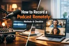 Remote podcast recording setup with host and online guests