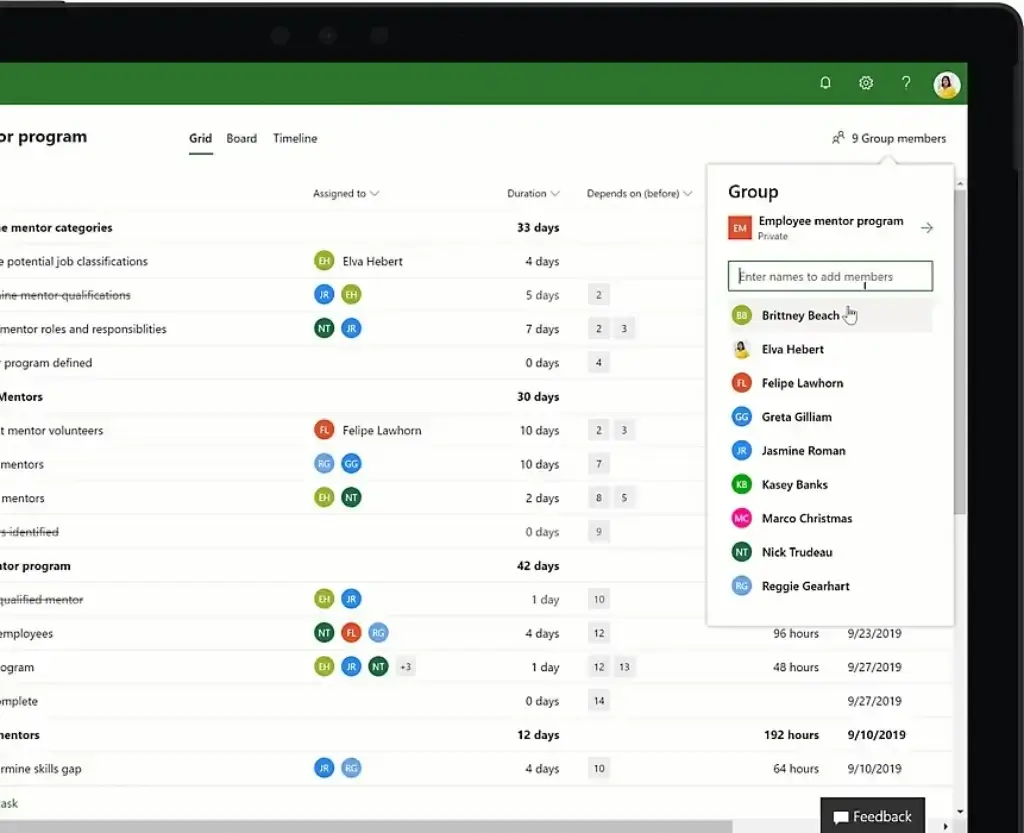 Microsoft Project interface showing an Employee Mentor