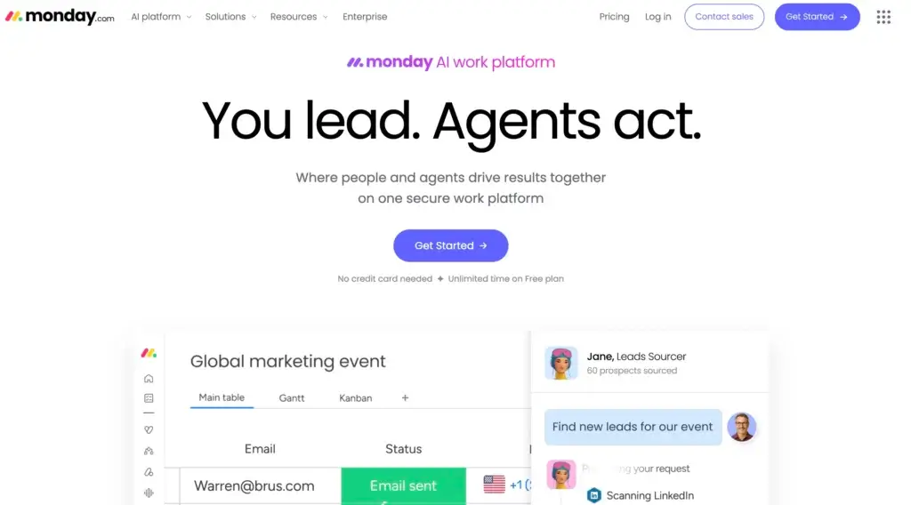 monday.com AI work platform homepage showing AI agents and a project workspace.