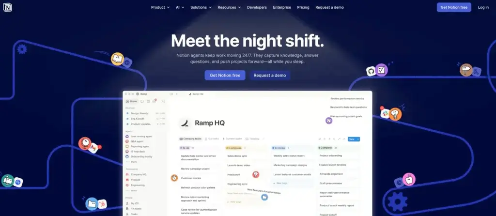 Notion AI homepage showing agents supporting tasks, projects, and knowledge work.