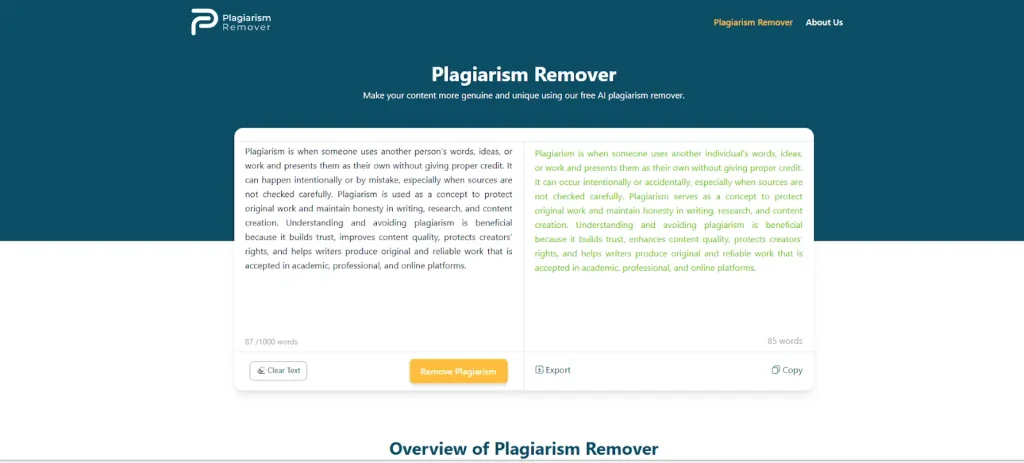 Plagiarism remover tool showing original text and rewritten output