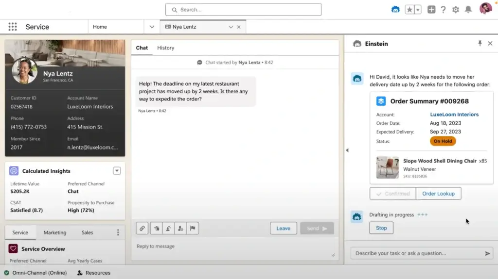 Salesforce AI assistant helping a service rep resolve a customer order issue